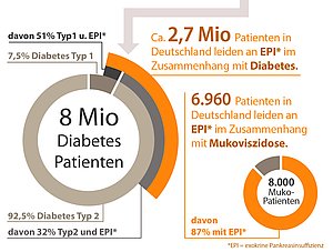 Statistik zu Bauchspeicheldrüsenschwäche und Diabetes - von Millionen Diabetikern leiden ca. 2,7 Mio an einer EPI (Bauchspeicheldrüsenschwäche).