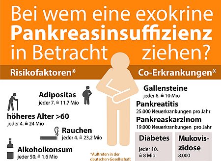 Hier sieht Risikogruppen für eine Bauchspeicheldrüsenschwäche wie Adipositas, 60+, Alkoholkonsum, Gallensteine, Diabetes und Pankreatitis.