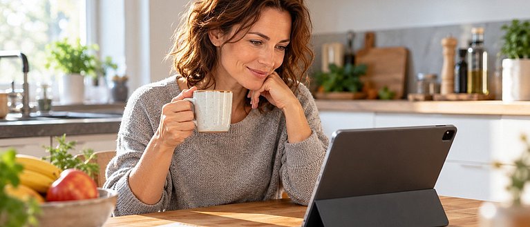 Eine Frau sitzt am Laptop und macht den Selbsttest zur Verdauung.