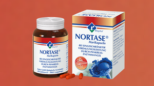 Hier sieht man NORTASE®, das ist ein Enzympräparat, das bei einer Verdauungsschwäche infolge eines Mangels an Verdauungsenzymen der Bauchspeicheldrüse (Pankreas) eingesetzt wird.