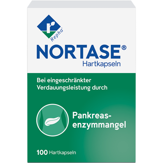 Hier sieht man die Packung des Arzneimittels NORTASE. Es wird eingesetzt zum Ersatz von Verdauungsenzymen bei Maldigestion (Verdauungsschwäche) infolge einer gestörten Funktion der Bauchspeicheldrüse.
